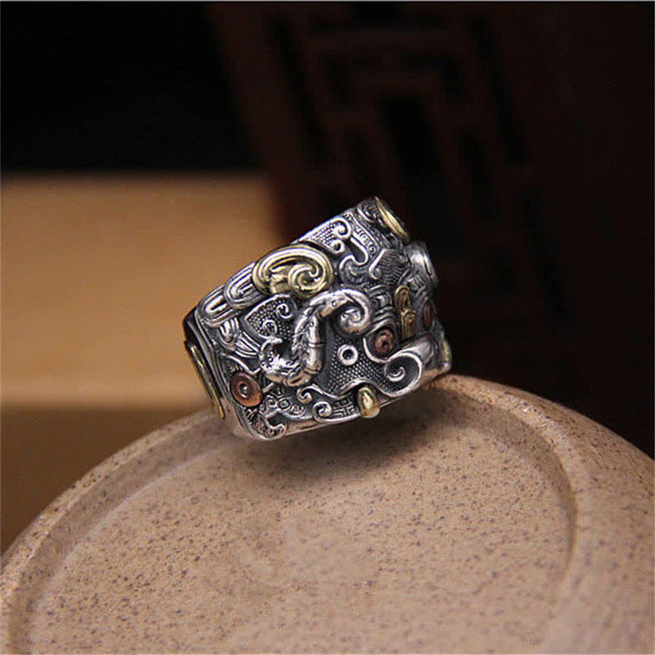Anello regolabile con protezione del bestiame Fengshui Kui in argento sterling 925 Buddha Stones