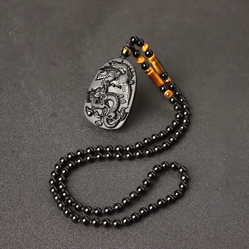 Collana con ciondolo di perline di protezione in ossidiana nera con occhio di tigre, drago e fenice - image 13