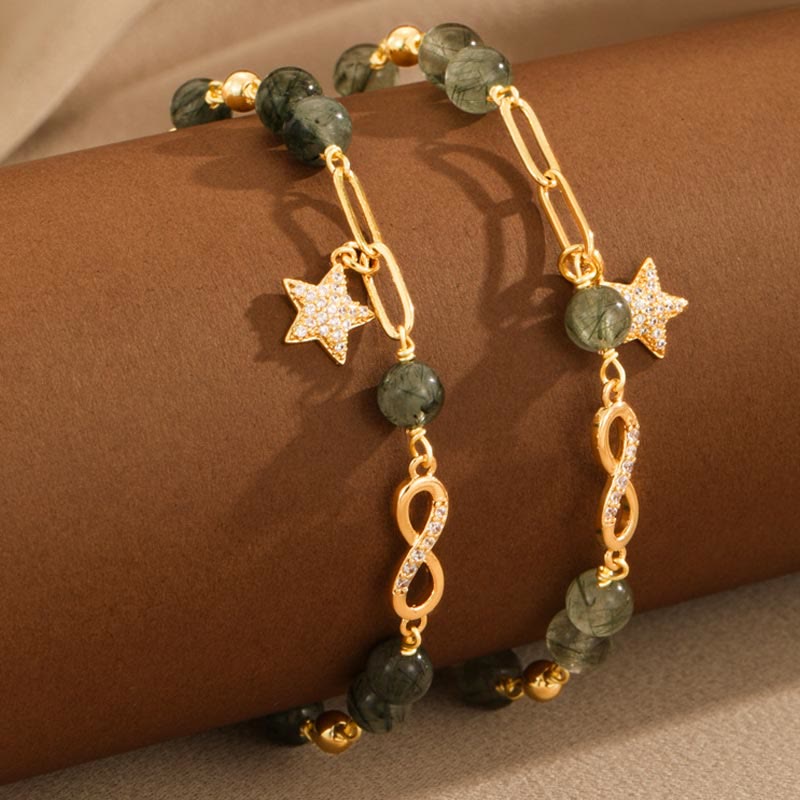 Bracciale Buddha Stones in oro 14K con quarzo rutilato verde e anello Möbius, protezione della stella dell'amore eterno