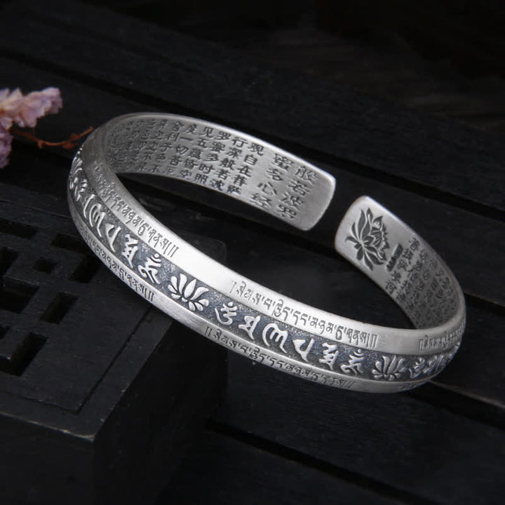 Buddha Stones 999 Sterling Silver Om Mani Padme Hum Cuore Sutra Lotus Peace Bracciale Bangle