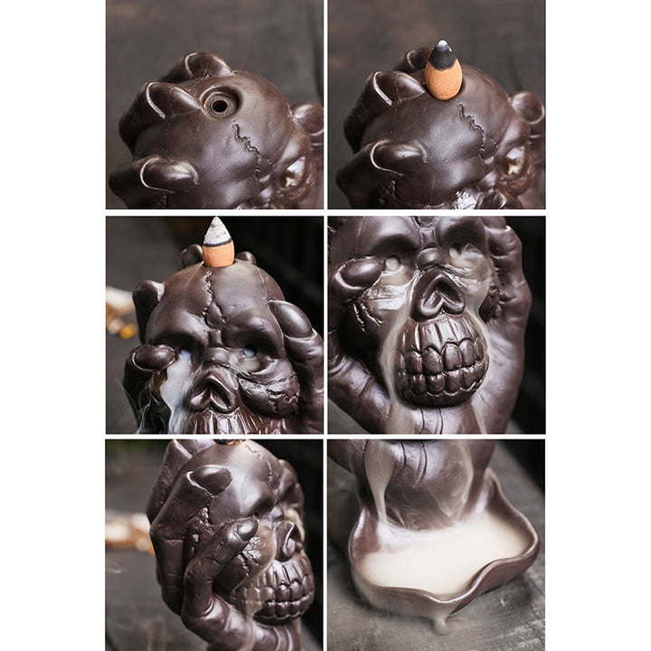 Buddha Stones Halloween Skull con mano fantasma Decorazione bruciatore di incenso spirituale in argilla viola