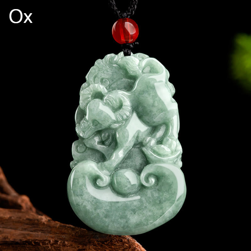 Buddha Stones Giada verde naturale 12 Zodiaco cinese Fortuna Prosperità Collana pendente - Bue - image 11