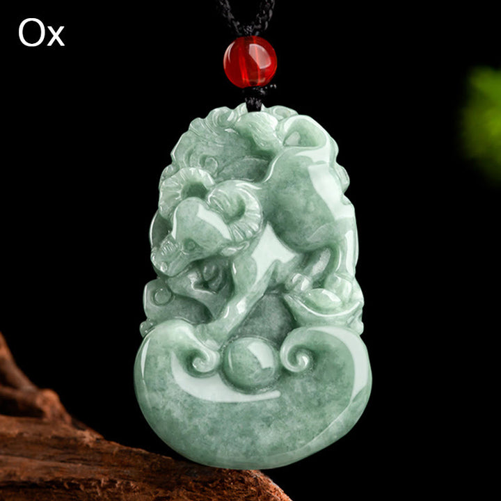 Buddha Stones Giada verde naturale 12 Zodiaco cinese Fortuna Prosperità Collana pendente - Bue - image 11