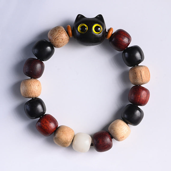 Braccialetto di protezione con incisione di gatto carino in legno di sandalo rosso e ebano con piccole foglie Buddha Stones - image 4