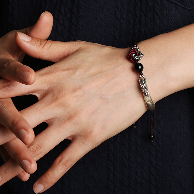 Bracciale intrecciato a mano in argento sterling 925 con drago di buon auspicio Buddha Stones
