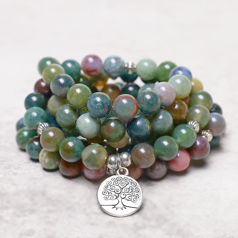 Buddha Stones 108 Mala Beads Agata indiana Loto OM Buddha Albero della vita Braccialetto di calma positiva