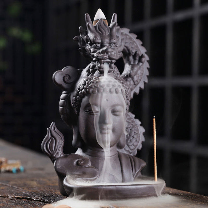 Buddha Stones Buddha Drago Nuvole di buon auspicio Argilla viola Bruciatore di incenso curativo Decorazione