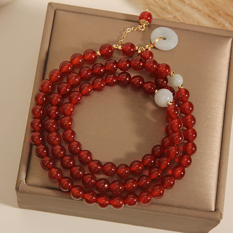 Braccialetto triplo giro con fibbia della pace in agata rossa naturale Buddha Stones Jade Peace