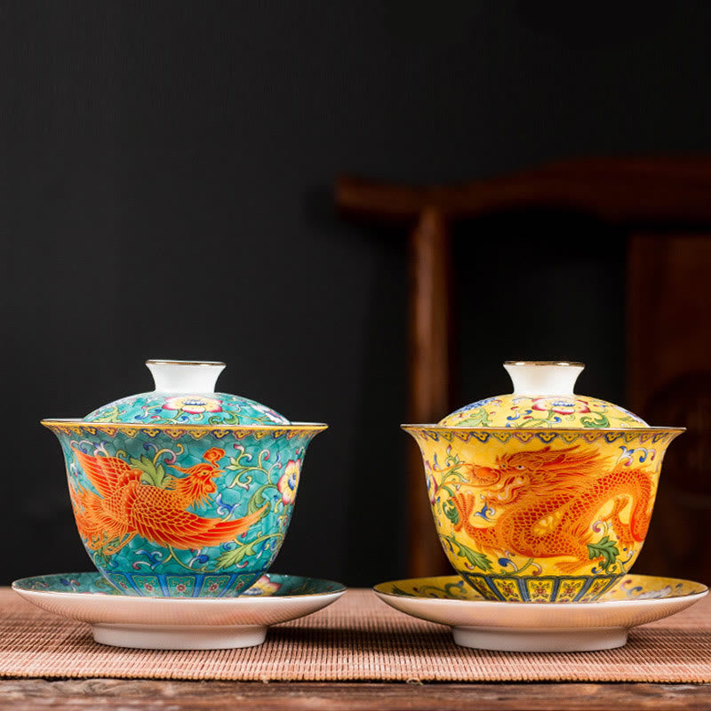 Buddha Stones Dragon Phoenix Flower Design Ceramica Gaiwan Sancai Tazza da tè Kung Fu Tazza da tè e piattino con coperchio