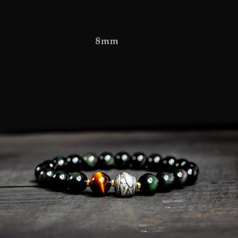 Buddha Stones per sperimentare un'inversione della fortuna Braccialetto di protezione in ossidiana arcobaleno e oro lucido