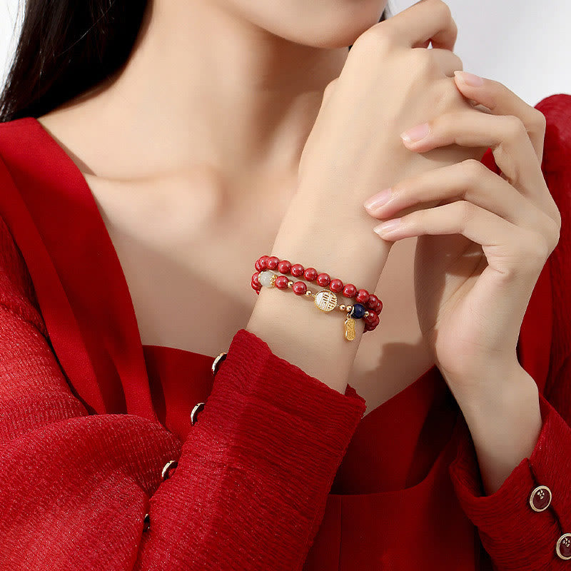 Braccialetto di benedizione a doppio giro con carattere Fu, in argento sterling 925, cinabro e tridacna in pietra Buddha Stones