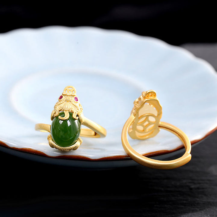 Anello di ricchezza in giada Pixiu placcato oro 18k Buddha Stones