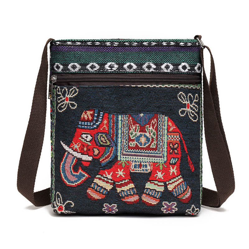 Borsa a tracolla in tela ricamata con elefante e farfalla, motivo Buddha Stones