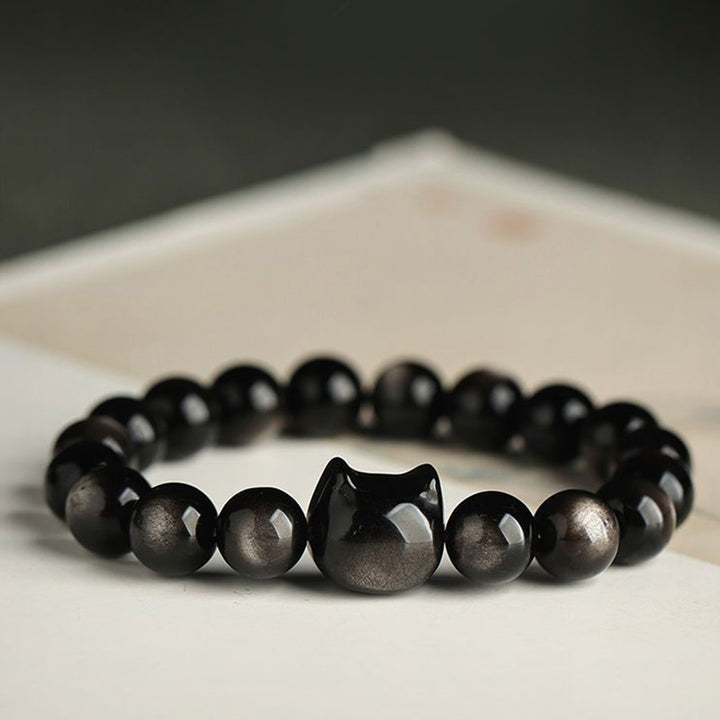 Braccialetto di protezione con gatto portafortuna e zampa adorabile , Buddha Stones, ossidiana lucida d'oro, ossidiana lucida d'argento - image 14