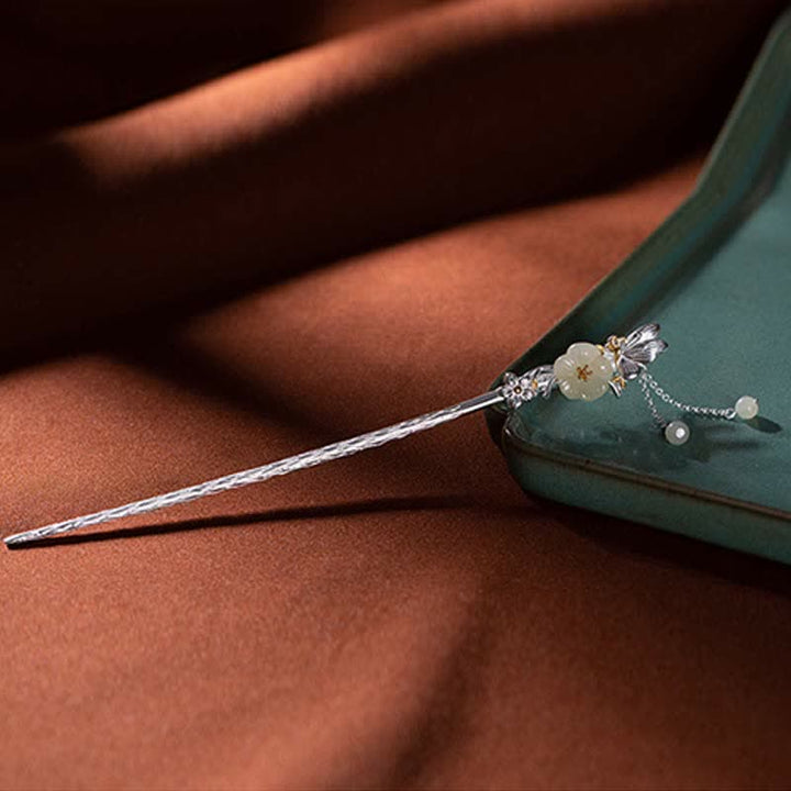 Forcina per capelli con fiore di giada bianca Hetian in argento sterling 925