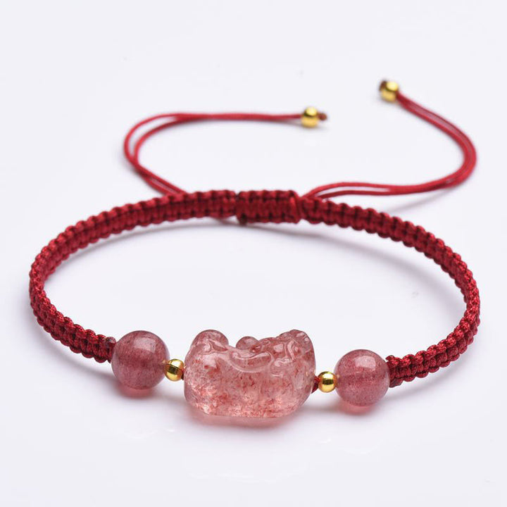 Braccialetto portafortuna rosso con corda PiXiu in quarzo fragola naturale Buddha Stones