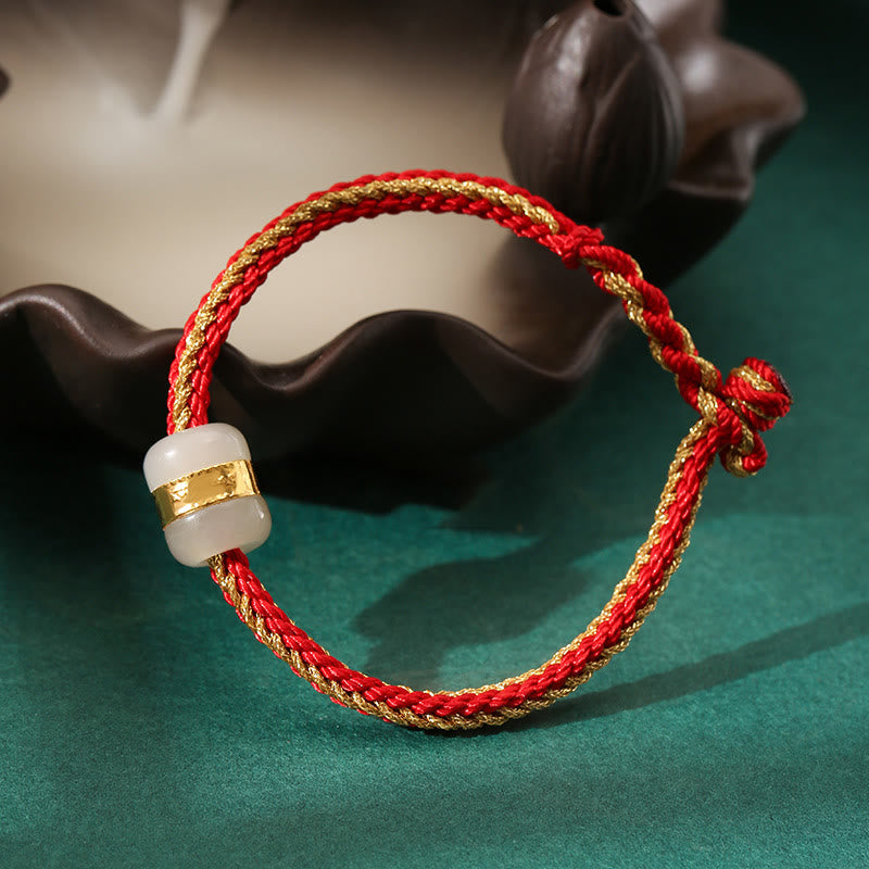 Bracciale intrecciato con carattere Om Mani Padme Hum Fu in giada bianca Hetian con Buddha Stones in oro 999