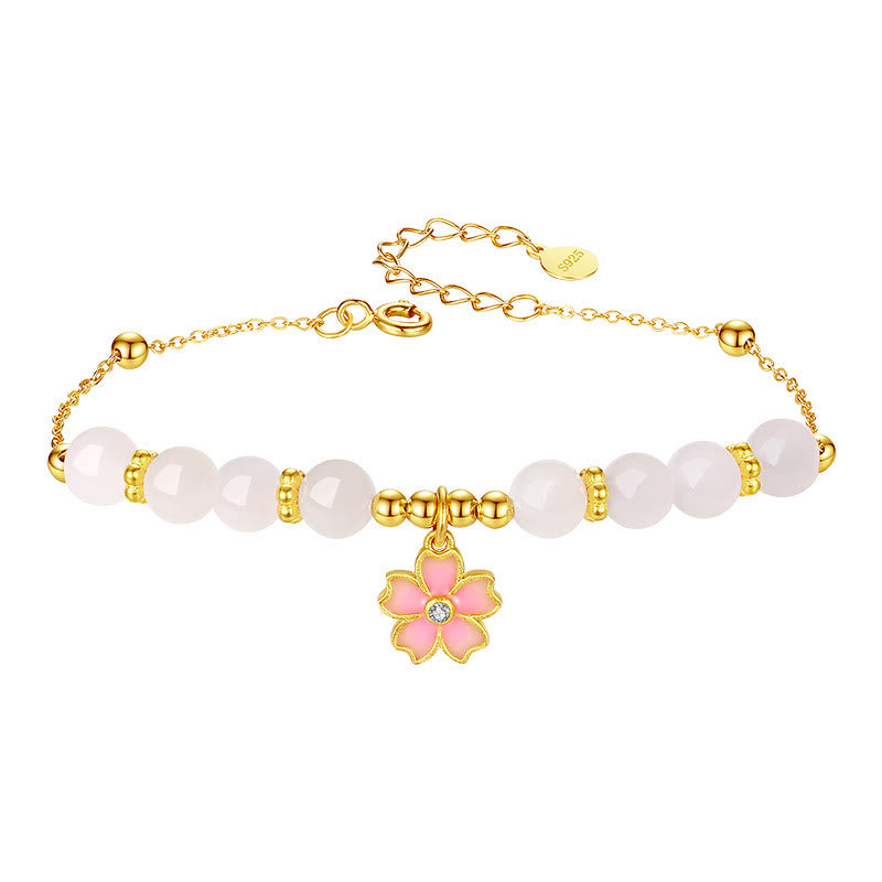 Braccialetto di protezione in giada bianca Hetian con fiori di ciliegio in argento sterling 925 Buddha Stones