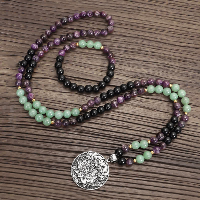 Buddha Stones 108 Mala Beads Ametista Verde Avventurina Loto Bracciale Meditazione - image 2