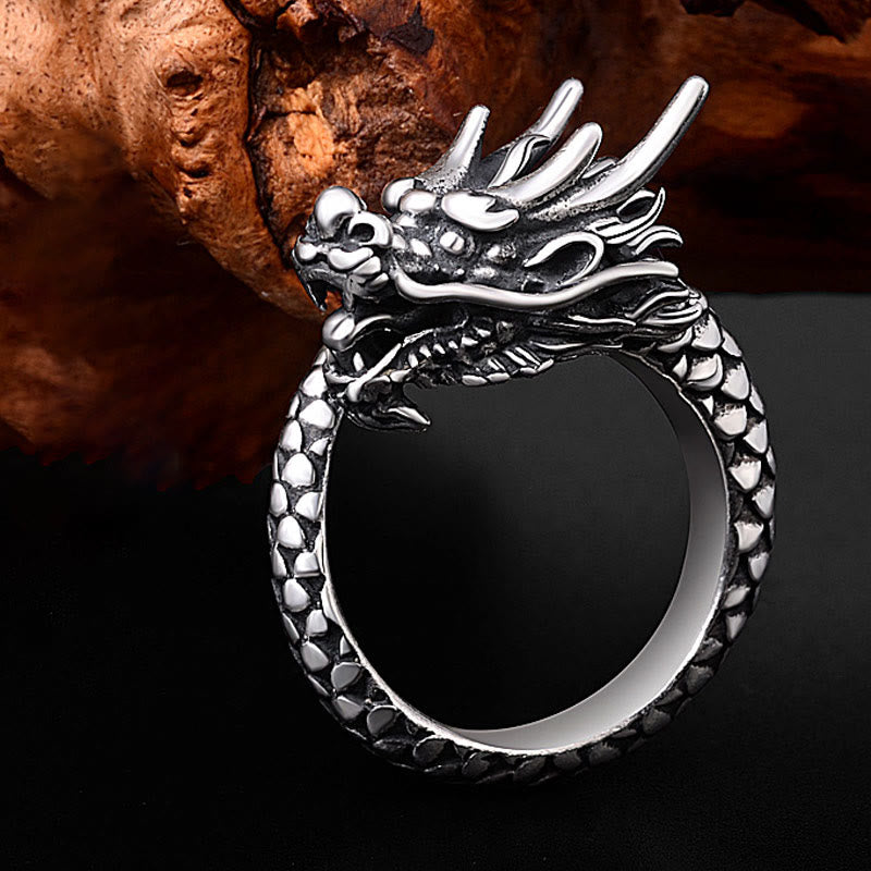 Anello regolabile Buddha Stones 990 Sterling Silver Vintage Dragon Design Luck Protection Strength