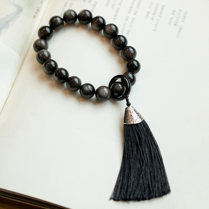 Buddha Stones Argento naturale Ossidiana lucida Ossidiana nera Leone Mala da polso Protezione Nappe Mala tascabile Decorazione per auto