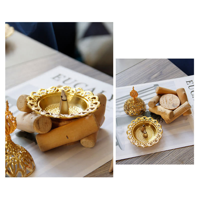 Mini bruciatore di incenso curativo in lega d'oro con sottobicchiere in legno, decorazione per la casa