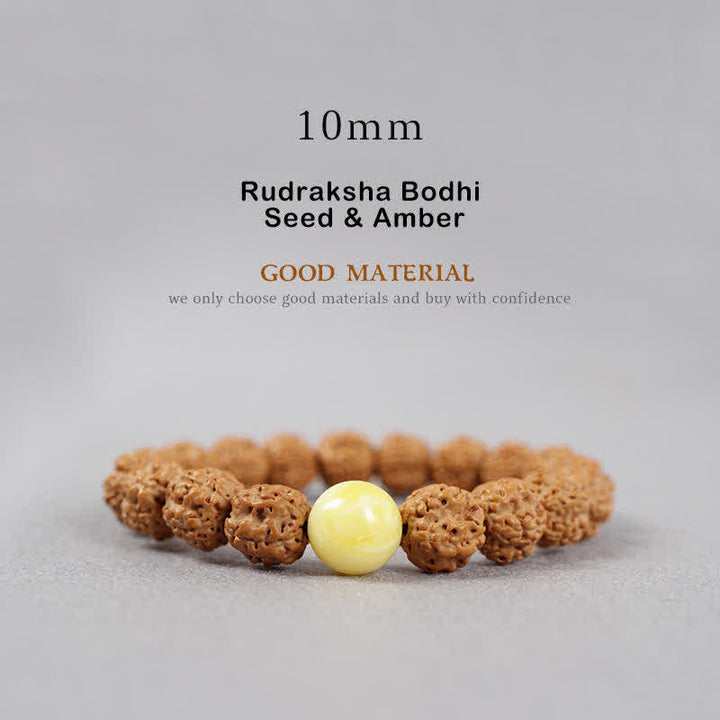 Buddha Stones Tibet Rudraksha Bodhi Seed Dzi Bead Ambra Turchese Bracciale della Ricchezza - 10 mm - Seme di Rudraksha Bodhi e ambra - image 12