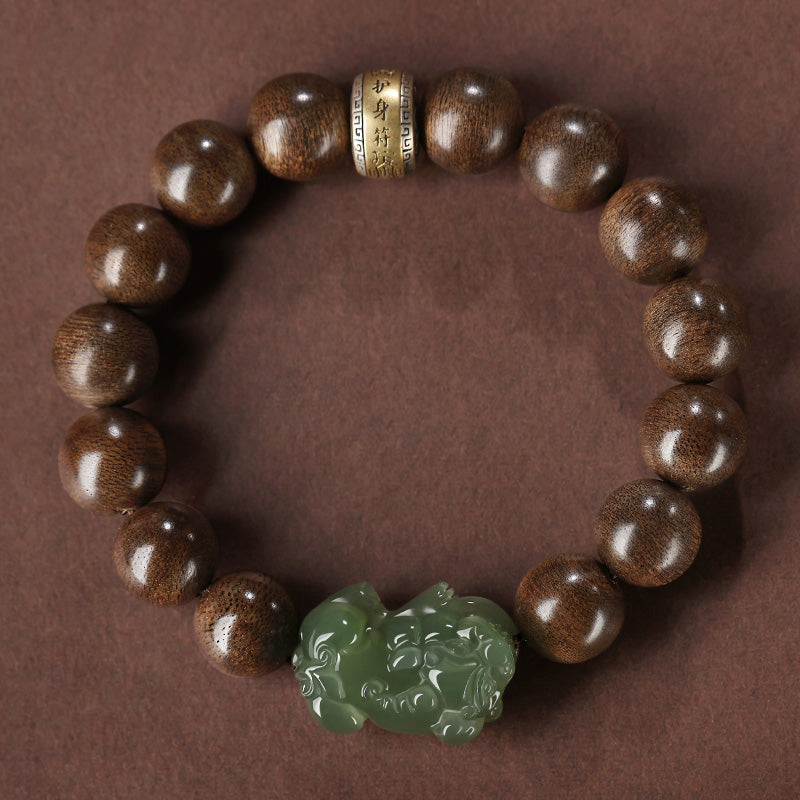 Bracciale Buddha Stones 925 Sterling Silver Brunei Agarwood PiXiu Jade Peace Strength
