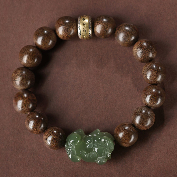 Bracciale Buddha Stones 925 Sterling Silver Brunei Agarwood PiXiu Jade Peace Strength