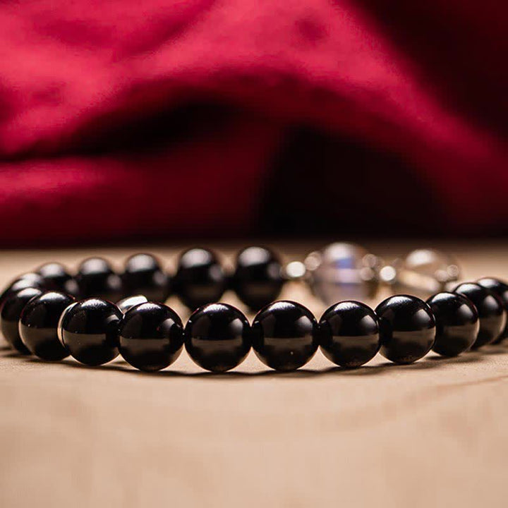 Bracciale di coppia in argento sterling 925 con pietra di luna e ossidiana