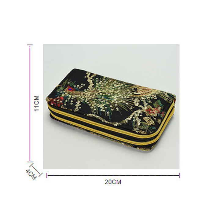 Portafoglio porta contanti con ricamo bifacciale Buddha Stones Peacock Shopping Purse
