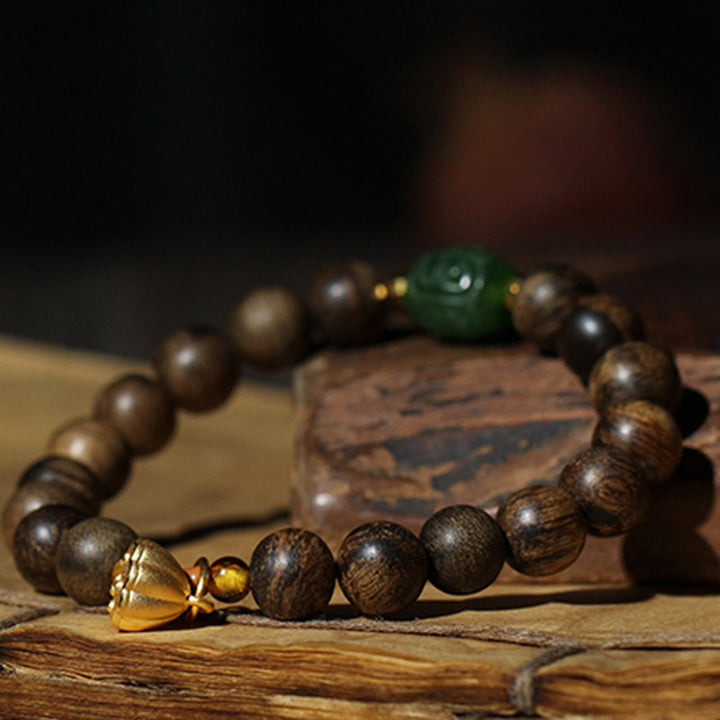 Bracciale Buddha Stones 999 Oro Brunei Agarwood Giada Ciano Fiore di Loto Pace Forza