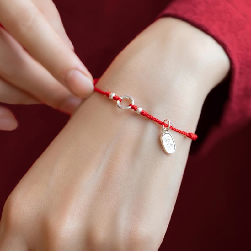 Braccialetto in corda rossa con fibbia in argento sterling 925 Buddha Stones Lucky Fortune Peace Joy Lotus Peace