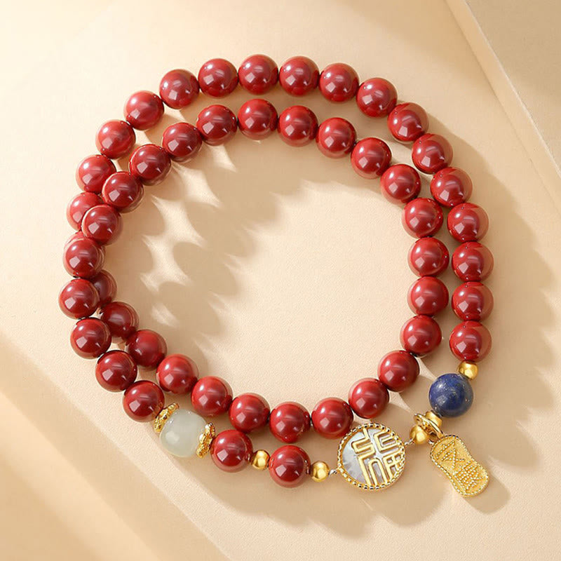 Braccialetto di benedizione a doppio giro con carattere Fu, in argento sterling 925, cinabro e tridacna in pietra Buddha Stones