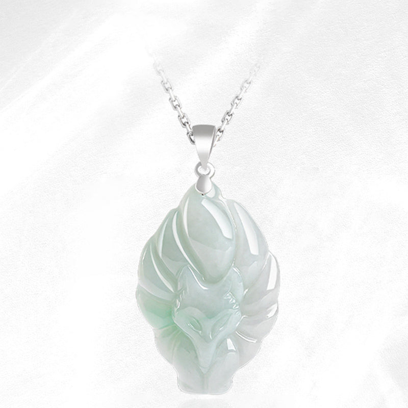 Collana con ciondolo a forma di volpe a nove code in argento sterling 925 con pietre Buddha Stones e giada naturale