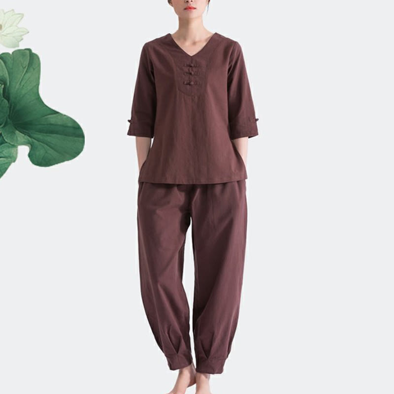 Buddha Stones Yoga Meditazione Preghiera Scollo a V Design Cotone Lino Abbigliamento Uniforme Zen Pratica Set da Donna