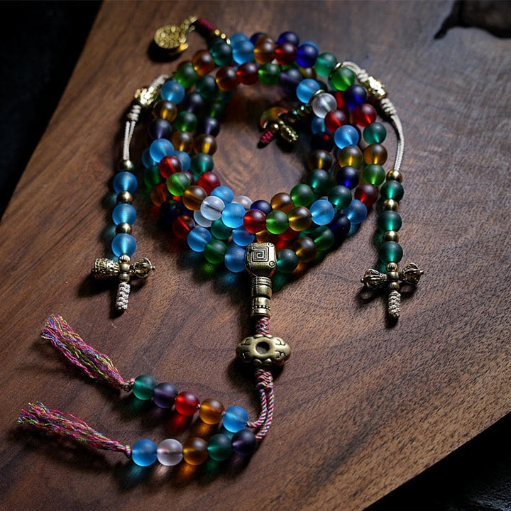 Buddha Stones Tibetano 108 Mala Perline Multicolore Liuli Perline di Vetro Zodiaco Cinese Nove Palazzi Otto Diagrammi Braccialetto con Ciondolo