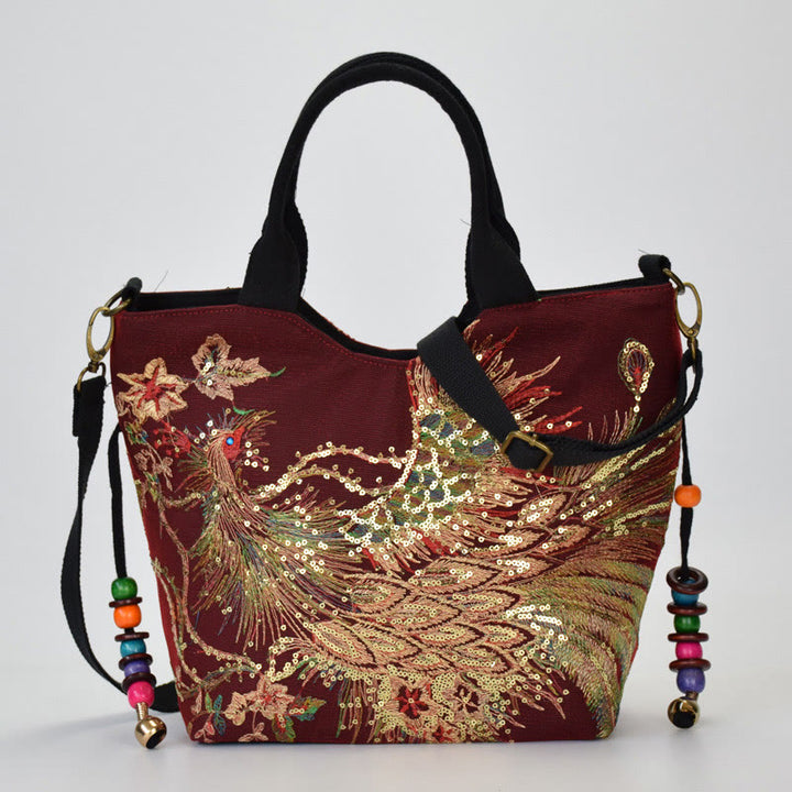 Borsa tote con ricamo a doppia faccia e motivo pavone Buddha Stones, borsa a tracolla, borsa a spalla - Pavone rosso vino - Borsa a tracolla/Borsa tote - image 16