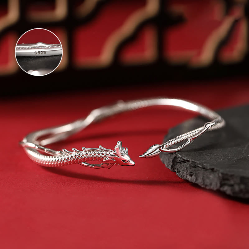 Bracciale rigido in metallo con design dell'anno del drago in argento sterling 925 Buddha Stones