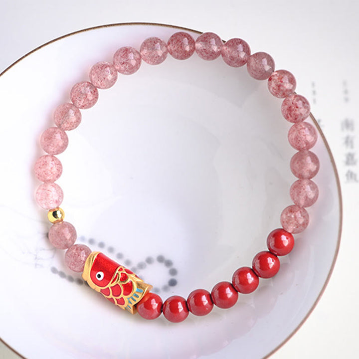 Braccialetto curativo con pesce koi portafortuna in quarzo fragola naturale cinabro Buddha Stones