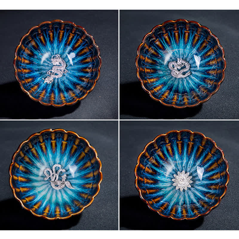 Buddha Stones Lotus Goldfish Drago di buon auspicio Fenice Tazza da tè in ceramica Tazze da tè intarsiate 130ml