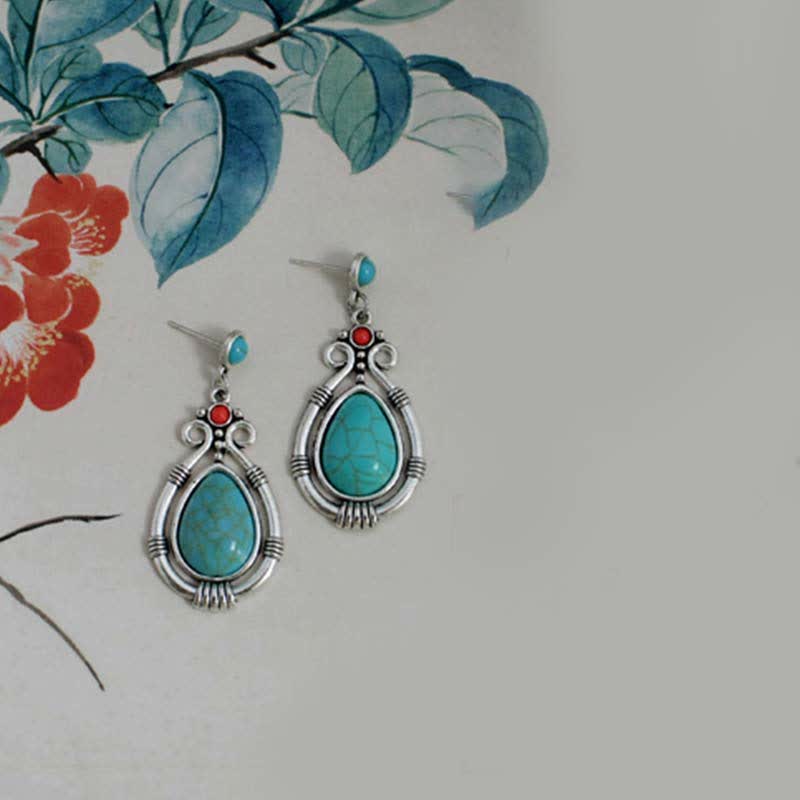 Orecchini pendenti a goccia in turchese vintage tibetano con clip