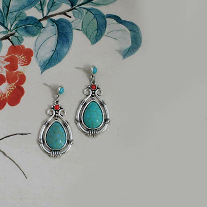 Orecchini pendenti a goccia in turchese vintage tibetano con clip