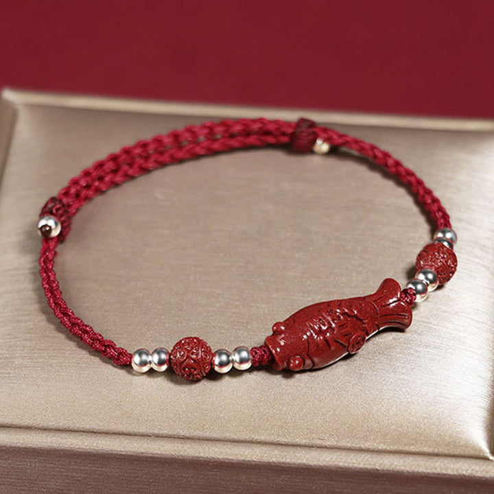 Bracciale intrecciato con moneta di rame, pesce koi, cinabro, Fu, argento sterling 925 , Buddha Stones