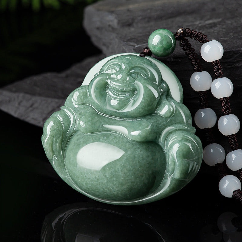 Collana con ciondolo di perline di corda di giada ciano Buddha che ride - image 5