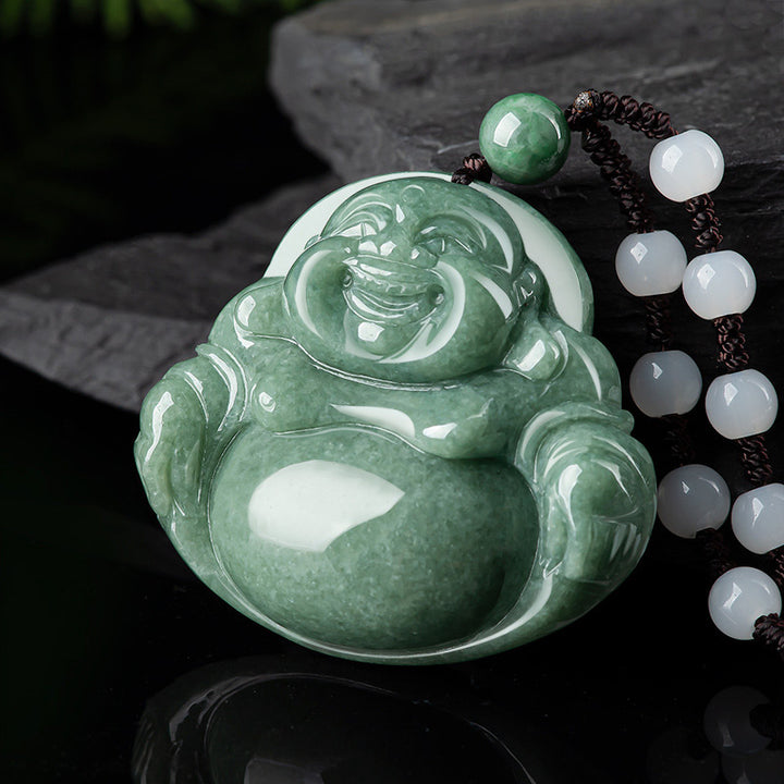 Collana con ciondolo di perline di corda di giada ciano Buddha che ride - image 5