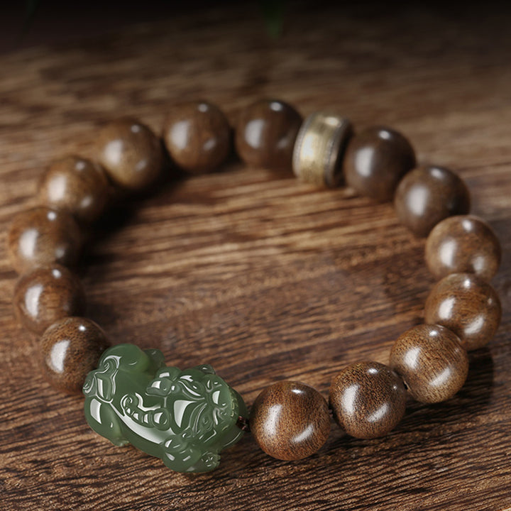 Bracciale Buddha Stones 925 Sterling Silver Brunei Agarwood PiXiu Jade Peace Strength