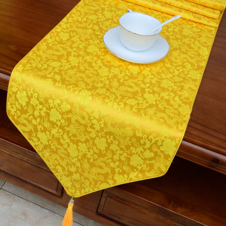 Preghiera Altare Fiore Vajra Drago Modello Tibetano Simboli di Buon Auspicio Nappe Jacquard Runner da Tavolo