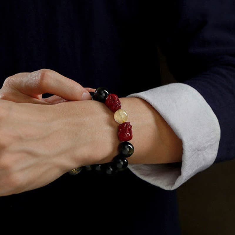 Braccialetto di protezione Om Mani Padme Hum in ossidiana lucida dorata Buddha Stones PiXiu Cinnabar