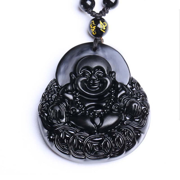 Collana con ciondolo Buddha Stones Laughing Buddha in ossidiana nera, forza e protezione - image 6